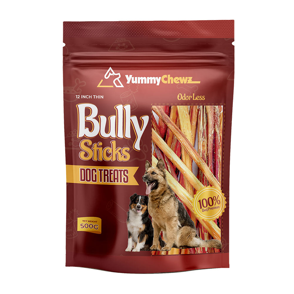 12 Inch Thin Organic Bully Sticks Odor-Free for Dogs - Yummy Chewz