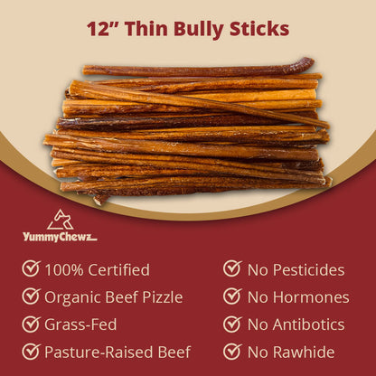 12 Inch Thin Organic Bully Sticks Odor-Free for Dogs - Yummy Chewz