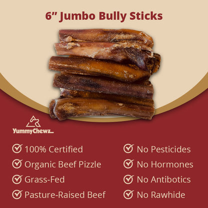 6 Inch Jumbo Organic Bully Sticks Odor-Free for Dogs - Yummy Chewz
