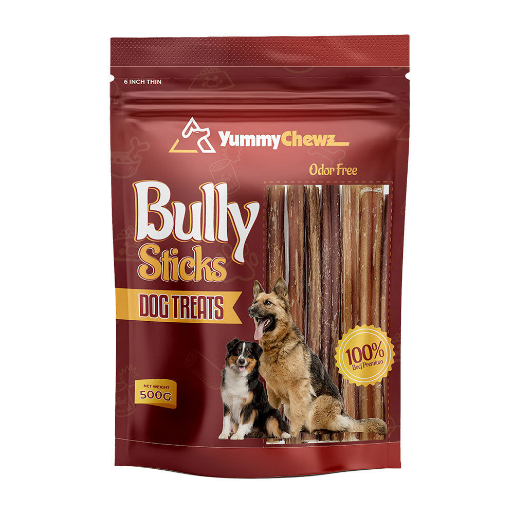 6 Inch Thin Organic Bully Sticks Odor-Free for Dogs - Yummy Chewz