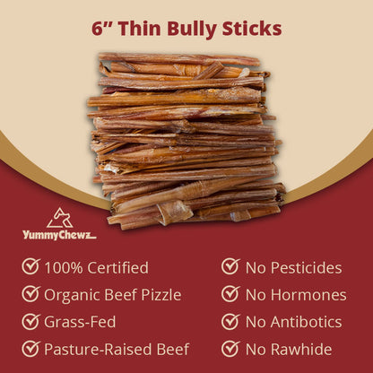 6 Inch Thin Organic Bully Sticks Odor-Free for Dogs - Yummy Chewz