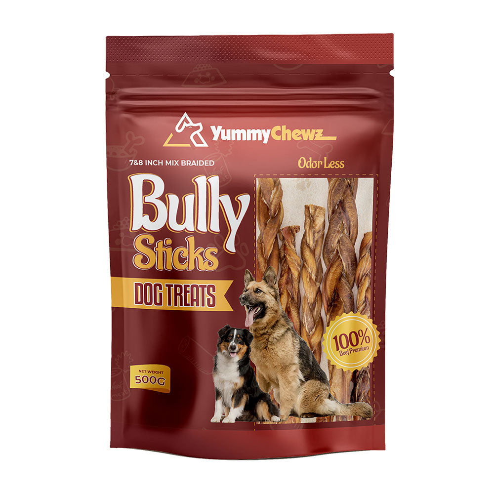 7-8 Inch Braided Organic Bully Sticks Odor-Free for Dogs - Yummy Chewz