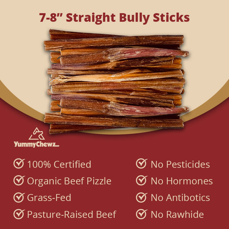 7-8 Inch Straight Organic Bully Sticks Odor-Free for Dogs - Yummy Chewz